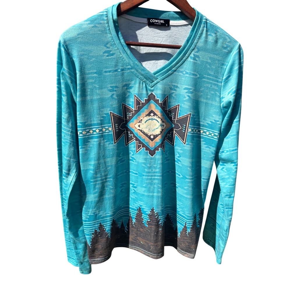 Cowgirl Studios Long Sleeve Top Women S Turquoise Southwestern Graphic